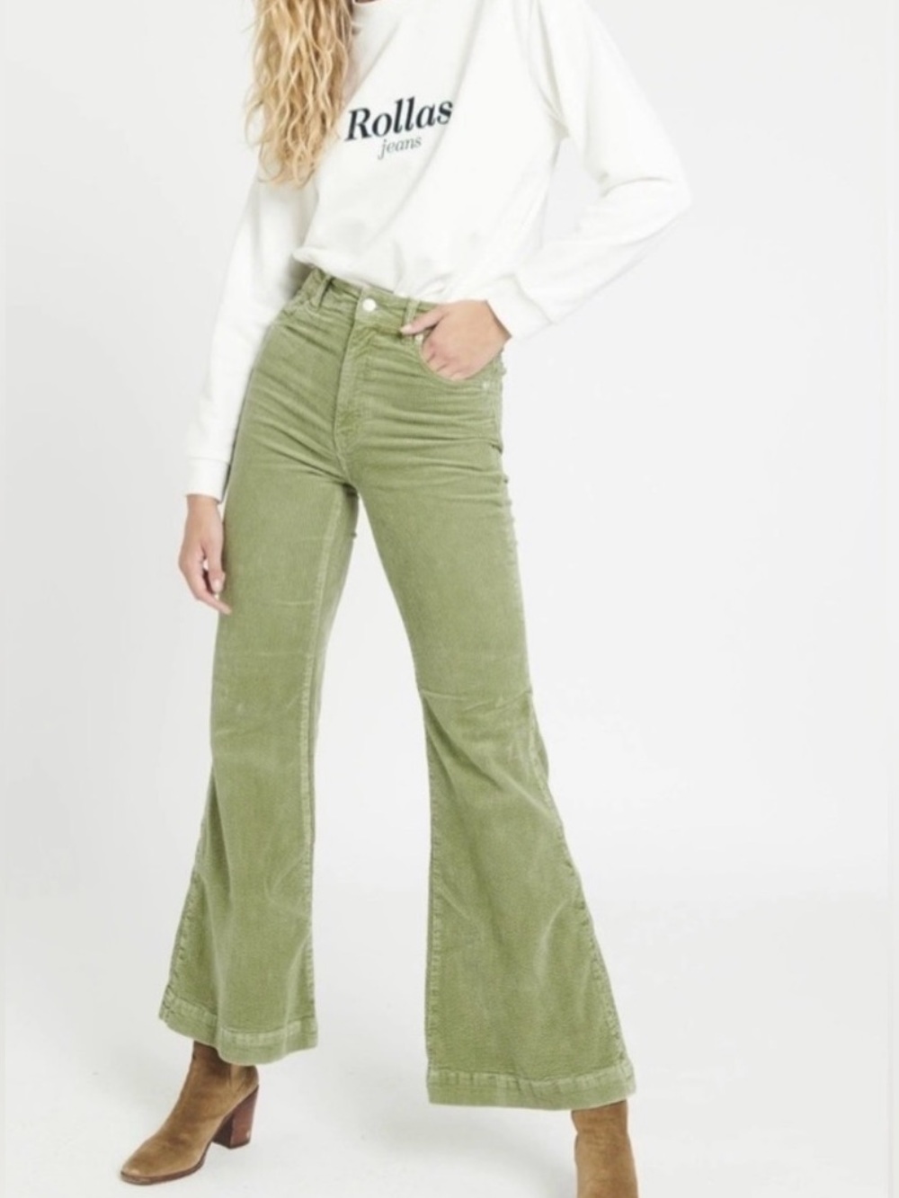 Rolla’s East Coast Flare High Rise Sage Green Corduroy Pants Size 31 US 12